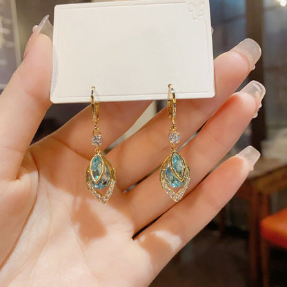 Sora Gold Hoop Earrings | Elegant Art-Deco Design with Sky-Blue Rhinestone - Hartwella