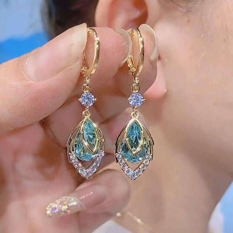 Sora Gold Hoop Earrings | Elegant Art-Deco Design with Sky-Blue Rhinestone - Hartwella