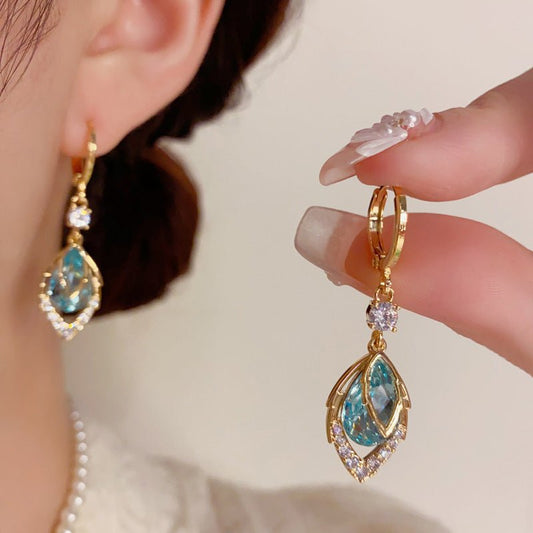 Sora Gold Hoop Earrings | Elegant Art-Deco Design with Sky-Blue Rhinestone - Hartwella
