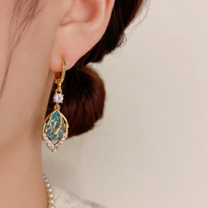 Sora Gold Hoop Earrings | Elegant Art-Deco Design with Sky-Blue Rhinestone - Hartwella