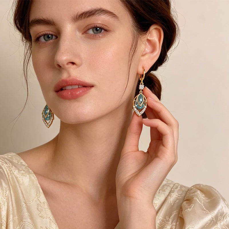 Sora Gold Hoop Earrings | Elegant Art-Deco Design with Sky-Blue Rhinestone - Hartwella