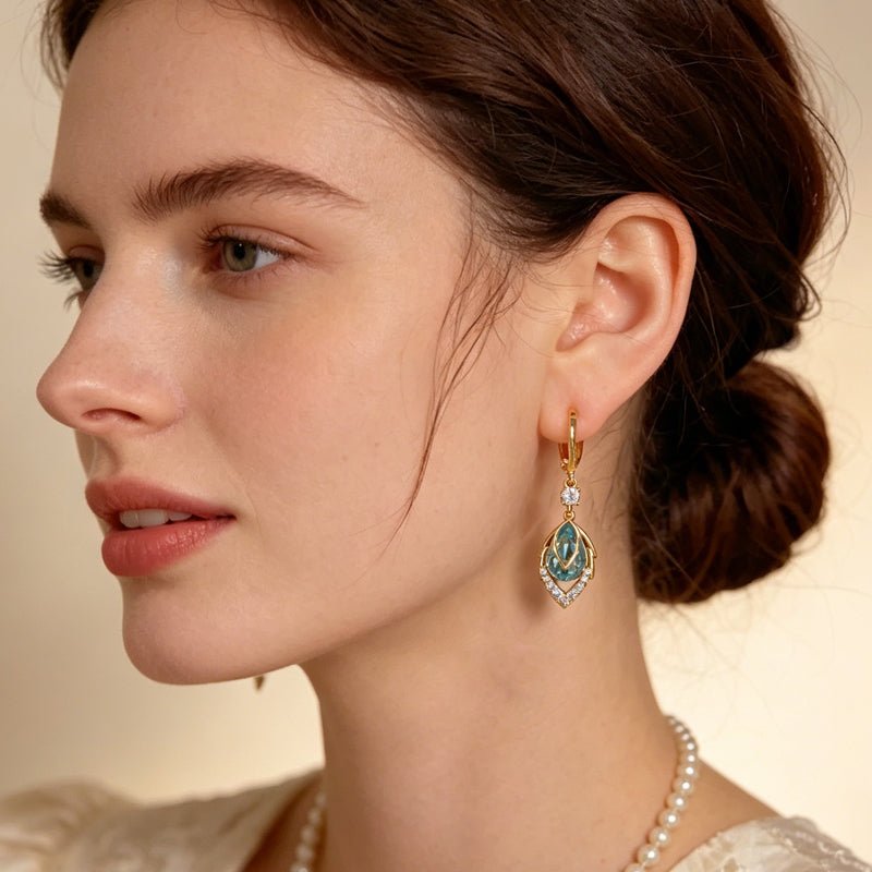 Sora Gold Hoop Earrings | Elegant Art-Deco Design with Sky-Blue Rhinestone - Hartwella