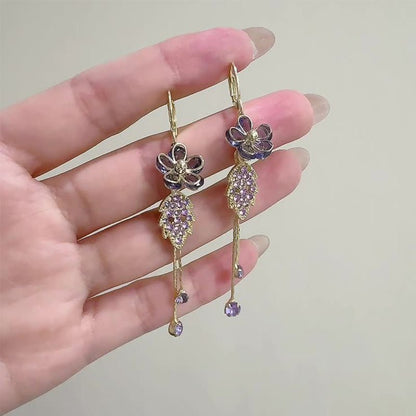 Syntheia Floral Tassel Earrings for Women | Purple Rhinestone Accents - Hartwella