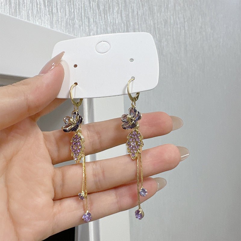 Syntheia Floral Tassel Earrings for Women | Purple Rhinestone Accents - Hartwella