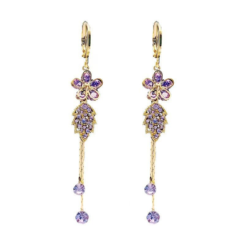 Syntheia Floral Tassel Earrings for Women | Purple Rhinestone Accents - Hartwella