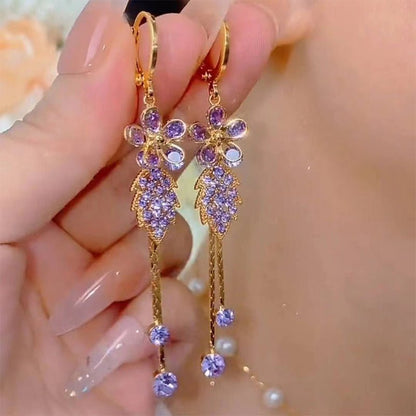 Syntheia Floral Tassel Earrings for Women | Purple Rhinestone Accents - Hartwella