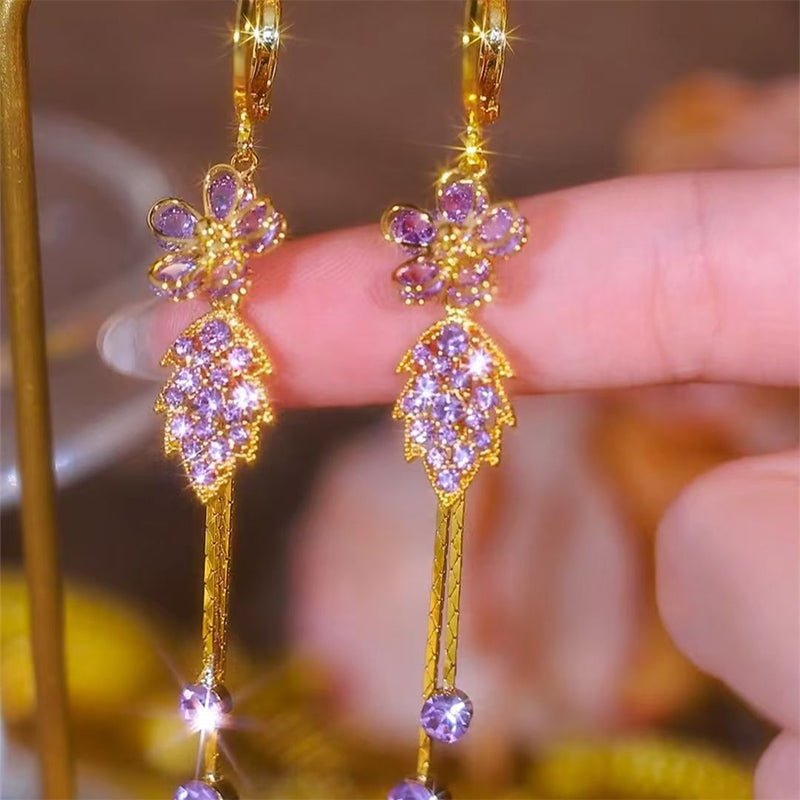 Syntheia Floral Tassel Earrings for Women | Purple Rhinestone Accents - Hartwella