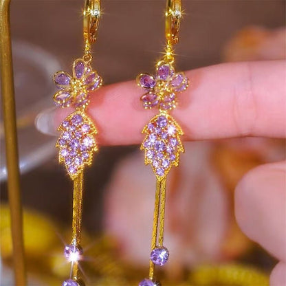 Syntheia Floral Tassel Earrings for Women | Purple Rhinestone Accents - Hartwella