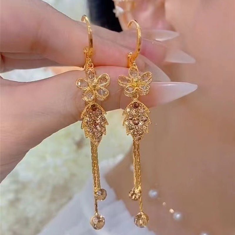 Syntheia Floral Tassel Earrings for Women | Purple Rhinestone Accents - Hartwella