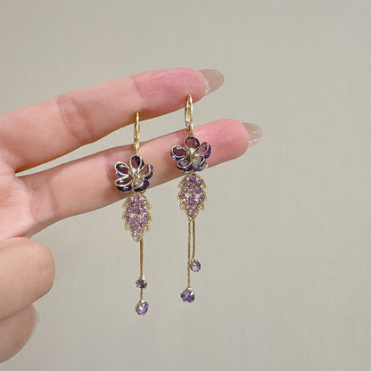 Syntheia Floral Tassel Earrings for Women | Purple Rhinestone Accents - Hartwella