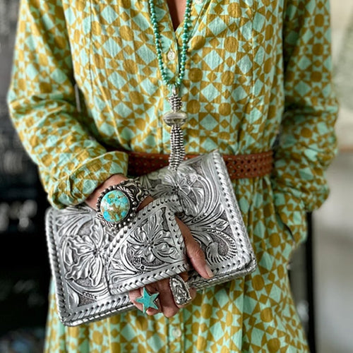 Tura Leather Clutch | Hand-Tooled Metallic Design, Versatile Wristlet - Hartwella