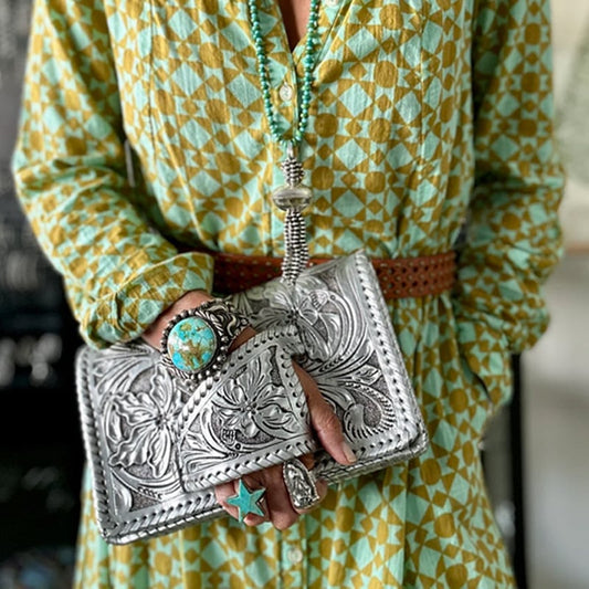 Tura Leather Clutch | Hand-Tooled Metallic Design, Versatile Wristlet - Hartwella
