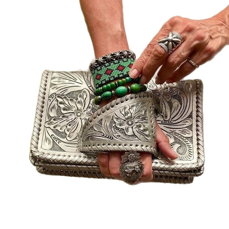 Tura Leather Clutch | Hand-Tooled Metallic Design, Versatile Wristlet - Hartwella