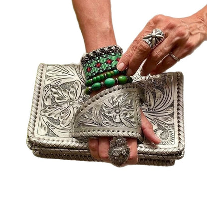 Tura Leather Clutch | Hand-Tooled Metallic Design, Versatile Wristlet - Hartwella