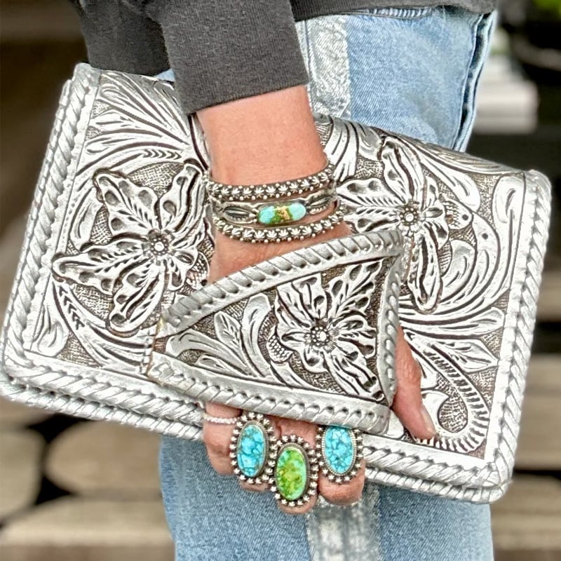 Tura Leather Clutch | Hand-Tooled Metallic Design, Versatile Wristlet - Hartwella