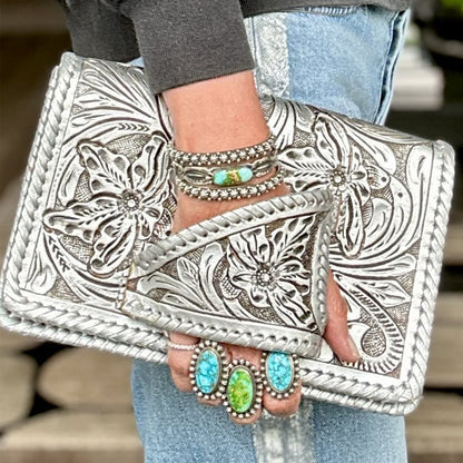 Tura Leather Clutch | Hand-Tooled Metallic Design, Versatile Wristlet - Hartwella