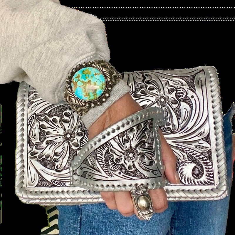 Tura Leather Clutch | Hand-Tooled Metallic Design, Versatile Wristlet - Hartwella