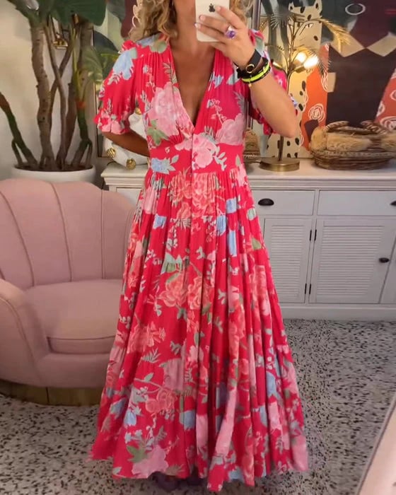 Vera Floral Maxi Dress | A-Line, Cotton Polyester, V-Neck, Puff Sleeves - Hartwella