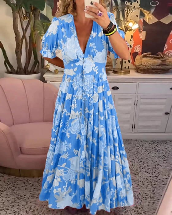 Vera Floral Maxi Dress | A-Line, Cotton Polyester, V-Neck, Puff Sleeves - Hartwella