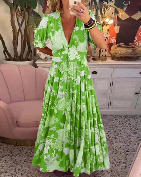 Vera Floral Maxi Dress | A-Line, Cotton Polyester, V-Neck, Puff Sleeves - Hartwella