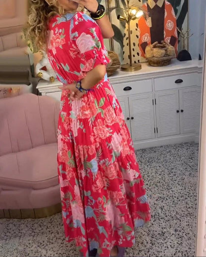 Vera Floral Maxi Dress | A-Line, Cotton Polyester, V-Neck, Puff Sleeves - Hartwella