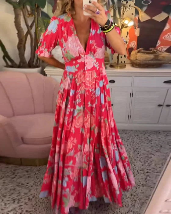 Vera Floral Maxi Dress | A-Line, Cotton Polyester, V-Neck, Puff Sleeves - Hartwella