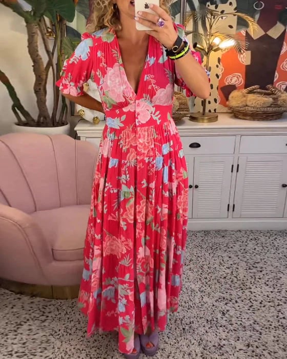 Vera Floral Maxi Dress | A-Line, Cotton Polyester, V-Neck, Puff Sleeves - Hartwella