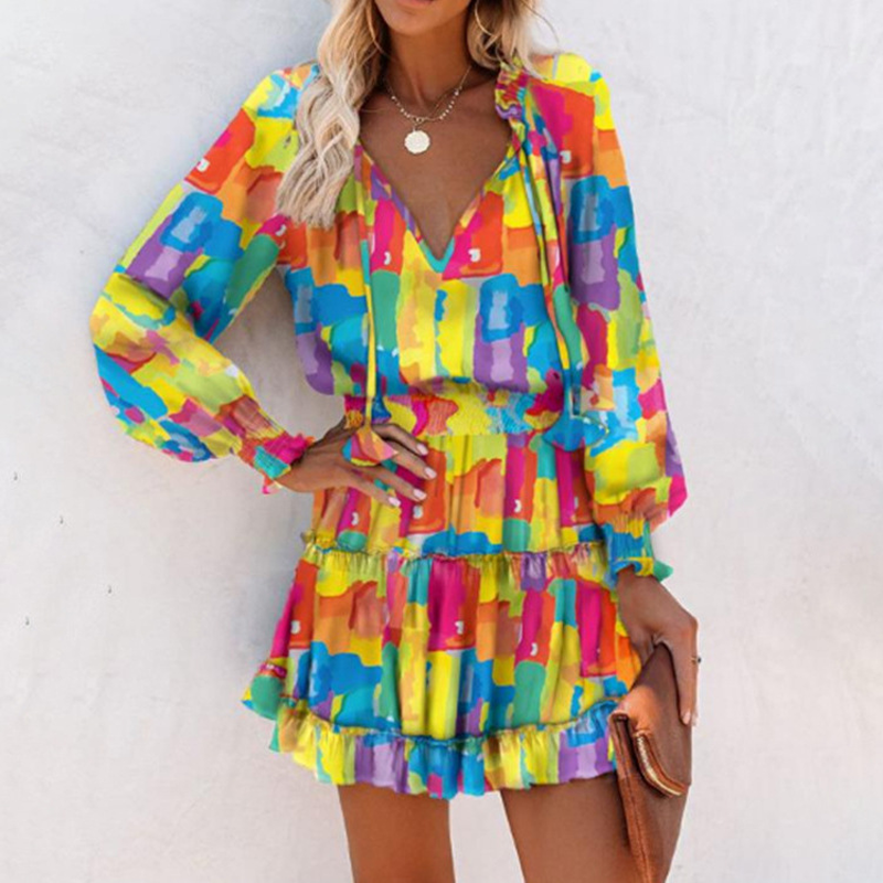 Vera Mini Dress | Flattering V - Neck, Ruffled Hem, Lightweight Polyester - Hartwella