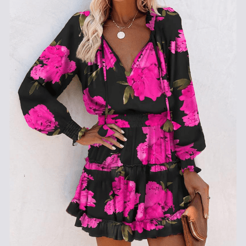 Vera Mini Dress | Flattering V - Neck, Ruffled Hem, Lightweight Polyester - Hartwella