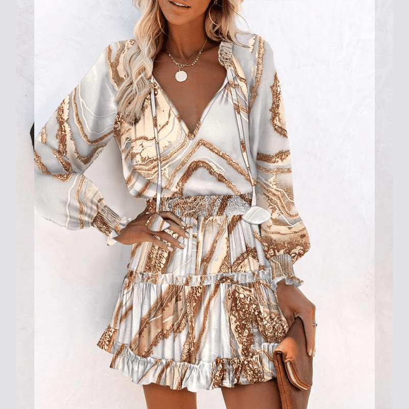 Vera Mini Dress | Flattering V - Neck, Ruffled Hem, Lightweight Polyester - Hartwella