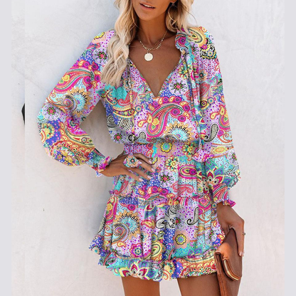 Vera Mini Dress | Flattering V - Neck, Ruffled Hem, Lightweight Polyester - Hartwella