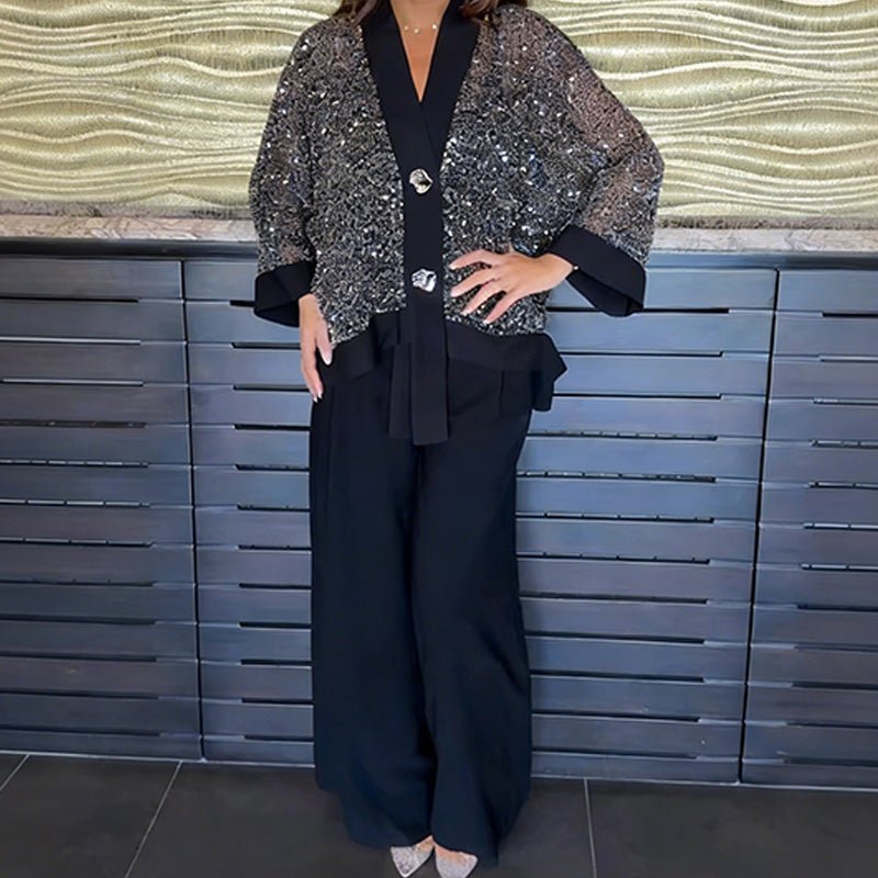 Vera Sequin Cardigan Set | Elegant V-Neck & Wide-Leg Pants - Hartwella
