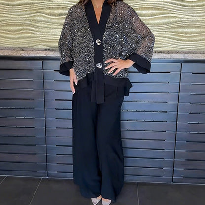 Vera Sequin Cardigan Set | Elegant V-Neck & Wide-Leg Pants - Hartwella