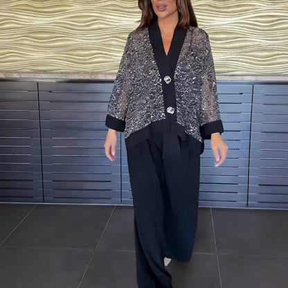 Vera Sequin Cardigan Set | Elegant V-Neck & Wide-Leg Pants - Hartwella