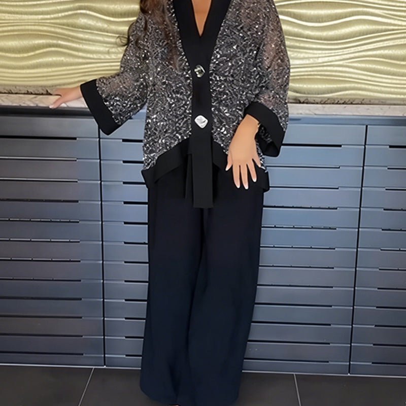 Vera Sequin Cardigan Set | Elegant V-Neck & Wide-Leg Pants - Hartwella