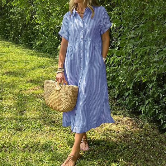 Vera Striped Dress | Women's V - Neck, Comfortable Fit, Plus Size Options - Hartwella