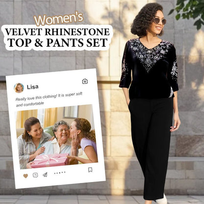 Vera Velvet Set | Rhinestone Embellished Top and Pants - Hartwella