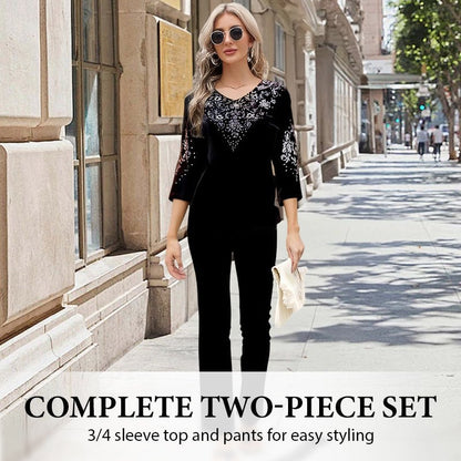 Vera Velvet Set | Rhinestone Embellished Top and Pants - Hartwella