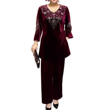 Vera Velvet Set | Rhinestone Embellished Top and Pants - Hartwella
