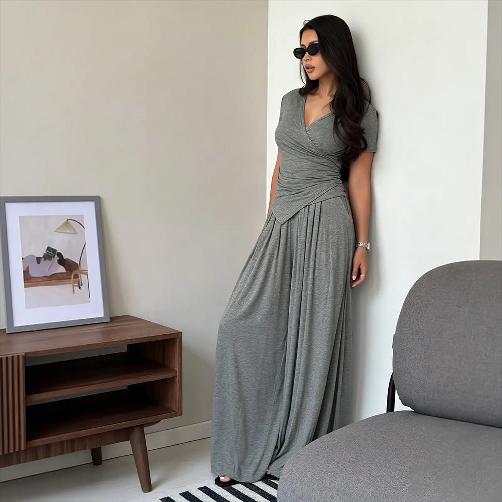Vera Wrap Top & Wide-Leg Pants Set | Comfortable Cotton Blend - Hartwella