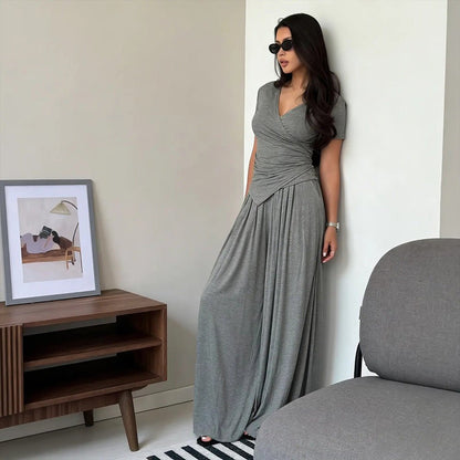 Vera Wrap Top & Wide-Leg Pants Set | Comfortable Cotton Blend - Hartwella