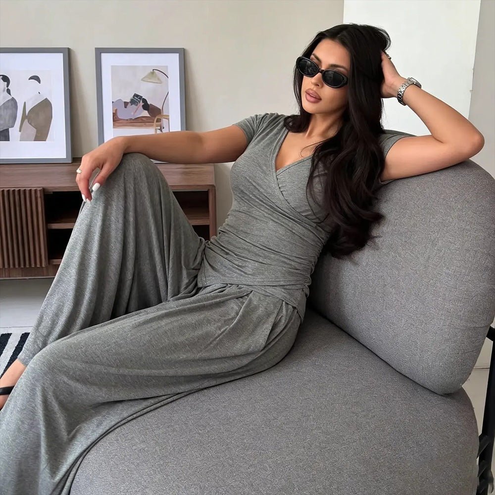 Vera Wrap Top & Wide-Leg Pants Set | Comfortable Cotton Blend - Hartwella