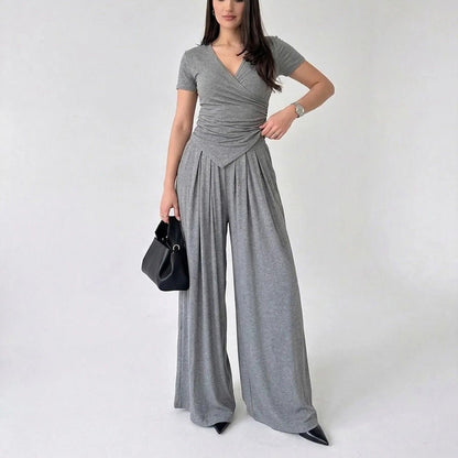 Vera Wrap Top & Wide-Leg Pants Set | Comfortable Cotton Blend - Hartwella