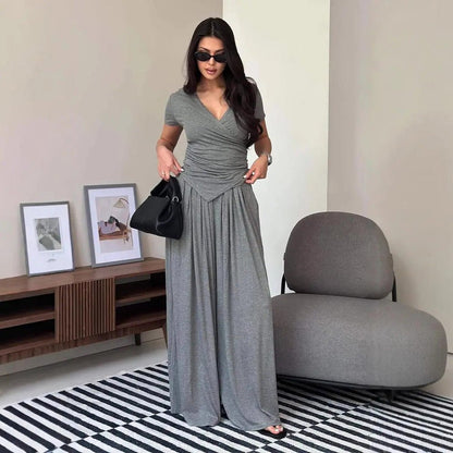 Vera Wrap Top & Wide-Leg Pants Set | Comfortable Cotton Blend - Hartwella