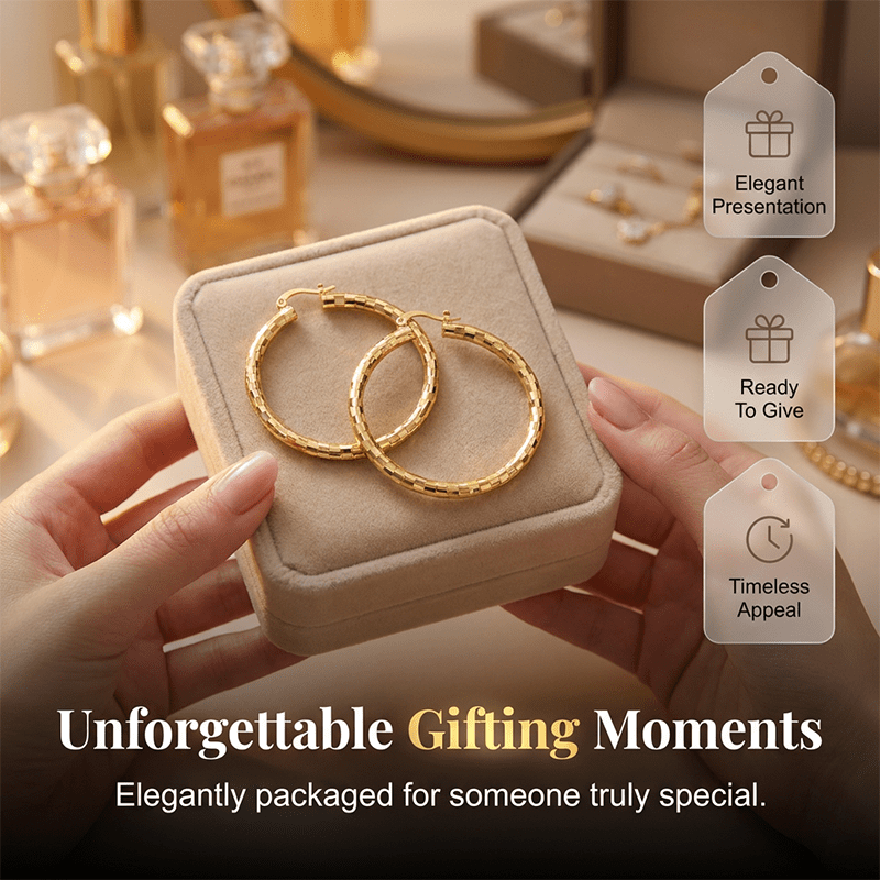 Viora Gold Hoop Earrings | Textured Minimalist Round Design, Secure Snap Closure - Hartwella