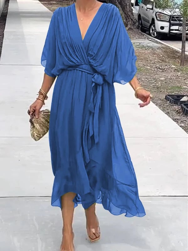 Viora Maxi Dress | Elegant V-Neck, 3/4 Sleeves, Soft Polyester - Hartwella