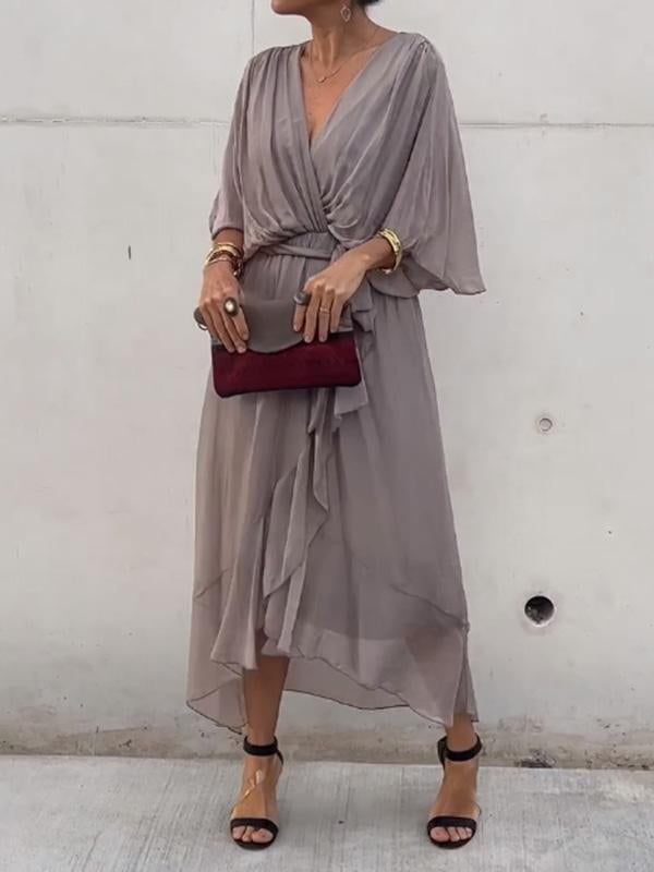 Viora Maxi Dress | Elegant V-Neck, 3/4 Sleeves, Soft Polyester - Hartwella