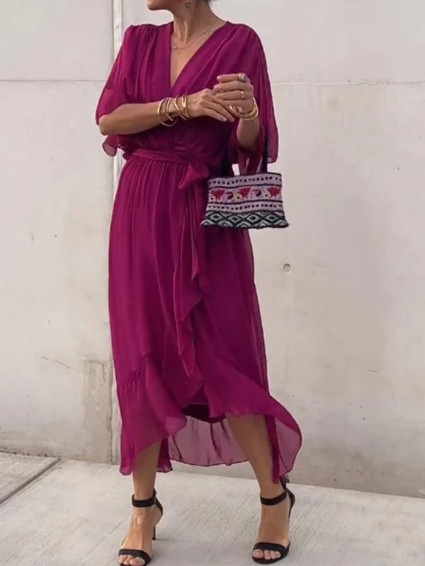Viora Maxi Dress | Elegant V-Neck, 3/4 Sleeves, Soft Polyester - Hartwella
