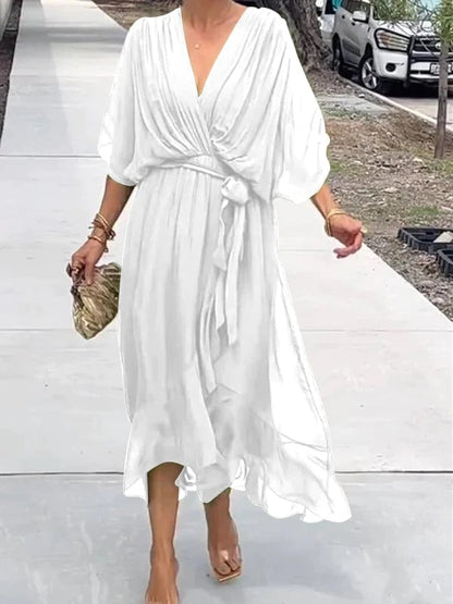 Viora Maxi Dress | Elegant V-Neck, 3/4 Sleeves, Soft Polyester - Hartwella