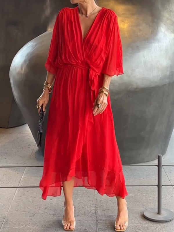 Viora Maxi Dress | Elegant V-Neck, 3/4 Sleeves, Soft Polyester - Hartwella